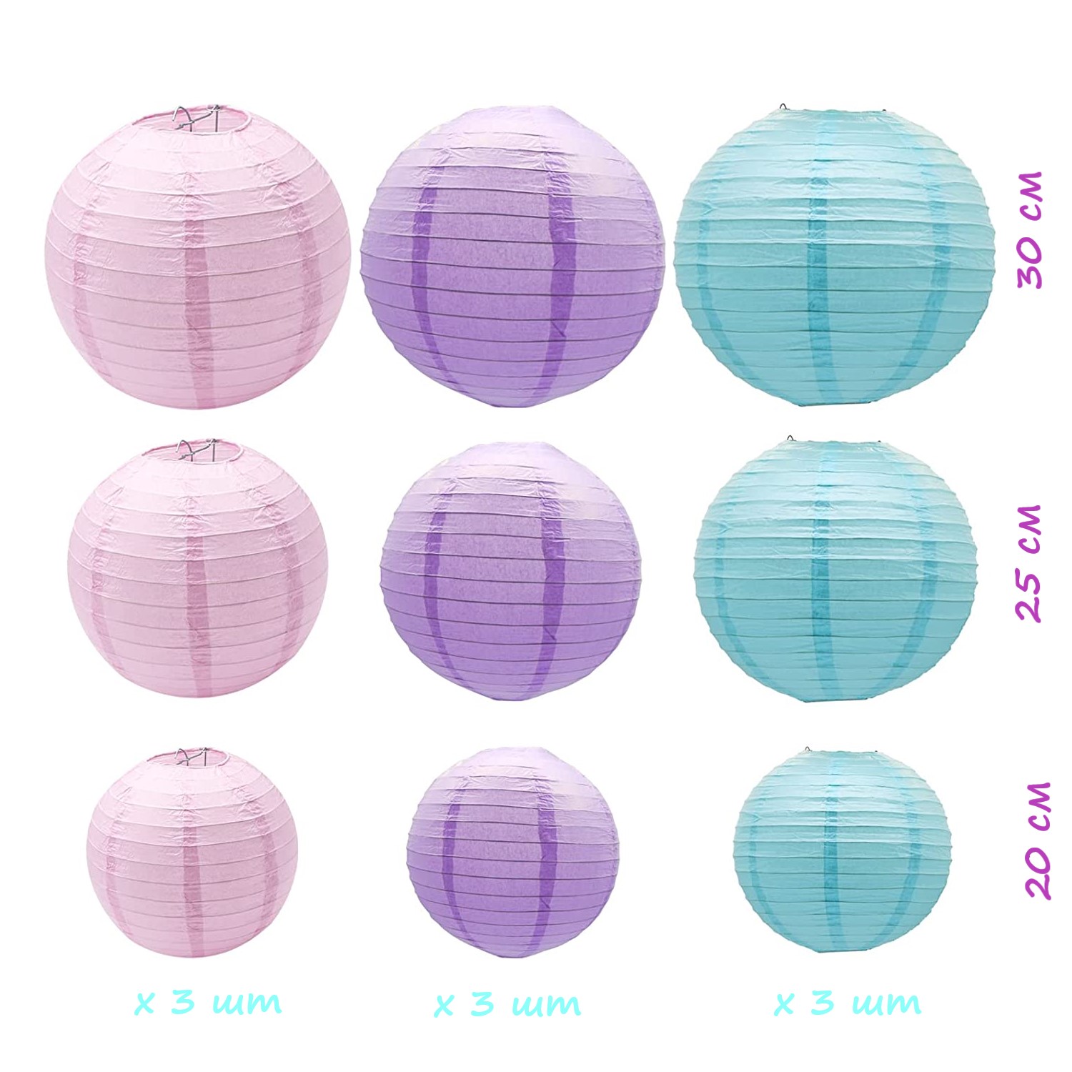 Набор подвесные фонарики 9 шт, розовый+св.сиреневый+голубой