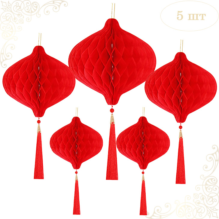 Бумажное украшение Шары-соты с кисточкой НАБОР 5 шт, красный Бумажное украшение Шары-соты с кисточкой НАБОР 5 шт, красный