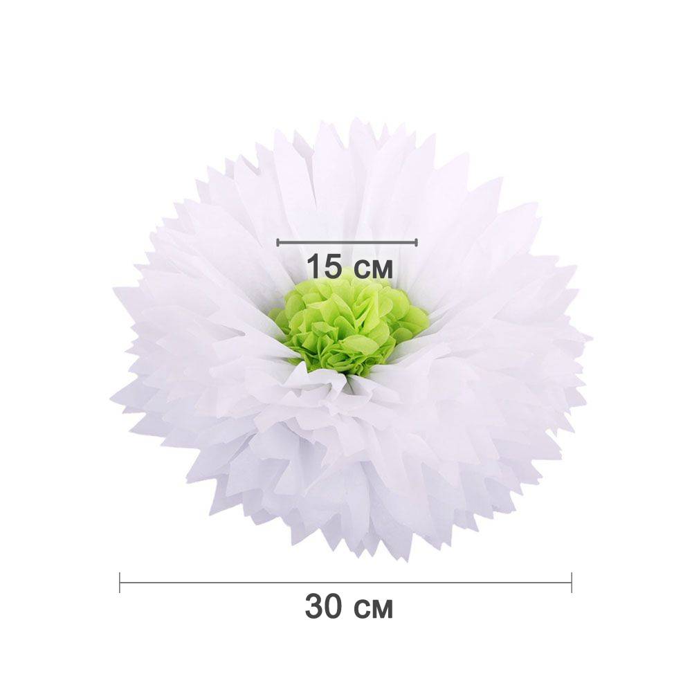 Бумажный цветок 30 см белый+салатовый