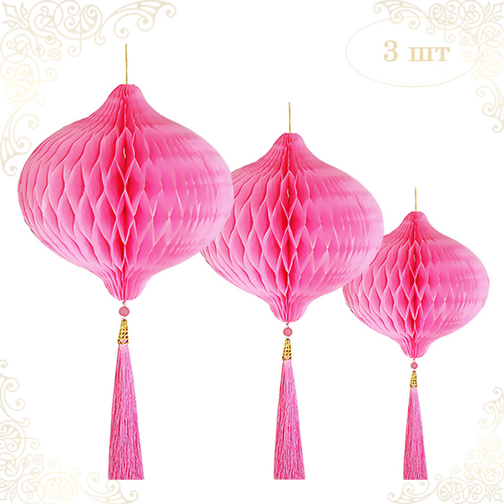 Бумажное украшение Шары-соты с кисточкой НАБОР 3 шт, розовый Бумажное украшение Шары-соты с кисточкой НАБОР 3 шт, розовый